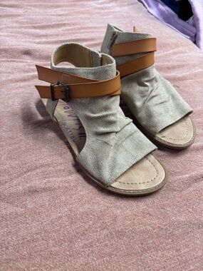 Blowfish. Beige Canvas Wedge Sandals with Tan Straps